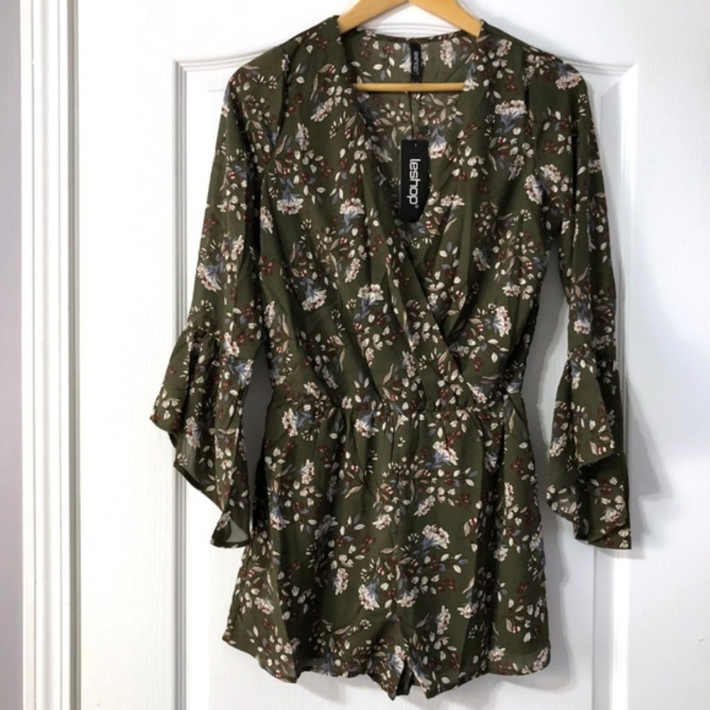 Boho Floral Romper Bell Sleeve Olive Green NWT - Picture 2 of 4